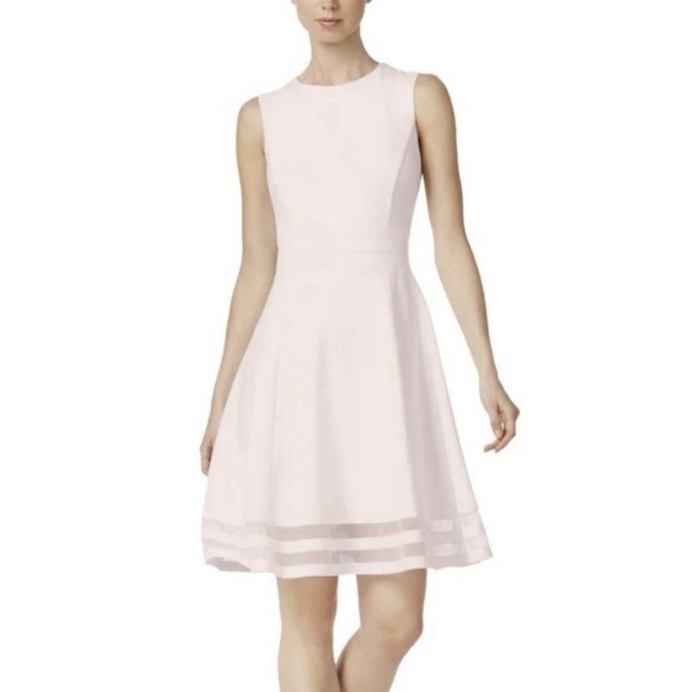 Calvin Klein Blush Pink Mesh Illusion Flare Stretch Sleeveless Dress Size 12